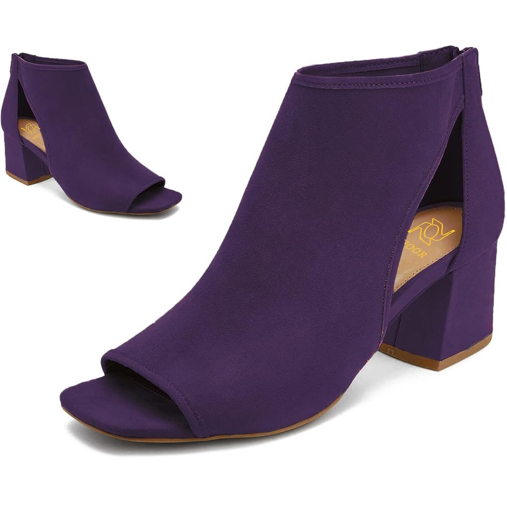 Chunky High Heel Booties Suede Open Toe Side Cut-Out Ankle Boots Back Zipper 2”